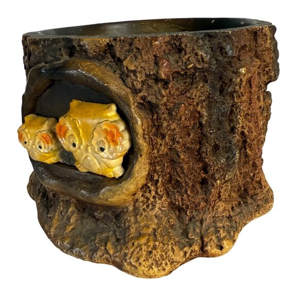 Rustic 70s Owl Log Planter Vintage Home Retro Woodland Decor Resin Flower Pot - Picture 3 of 14